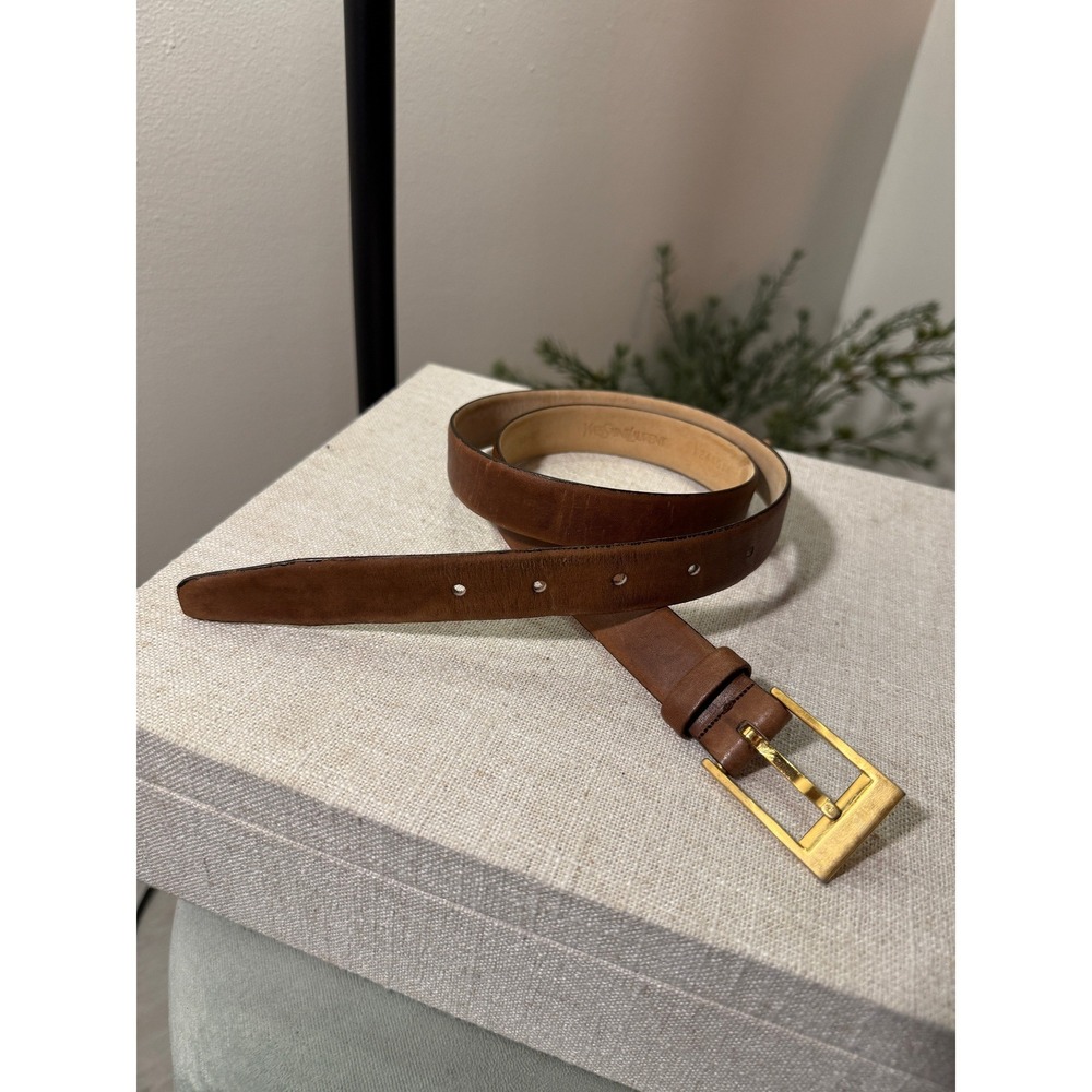 Yves Saint Laurent YSL Vintage Brown Cow Leather Slim Belt Gold Buckle Italy